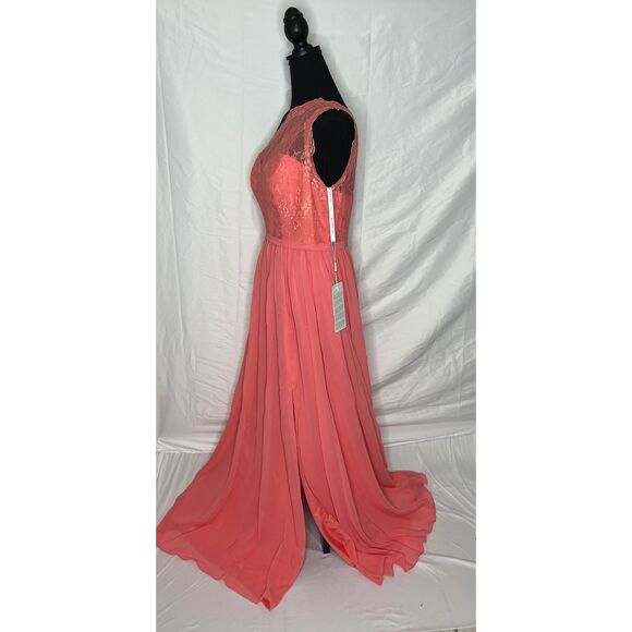 NWT JJs House Watermelon One Shoulder Long Lace Chiffon Bridesmaid‎ Dress US10 - Picture 4 of 14
